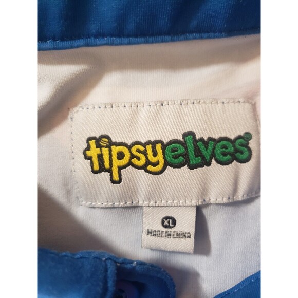 Tipsy Elves Polo Shirt Mens XL Blue Hot Dog AOP All Over Print Golf Stretch Used - Picture 2 of 5